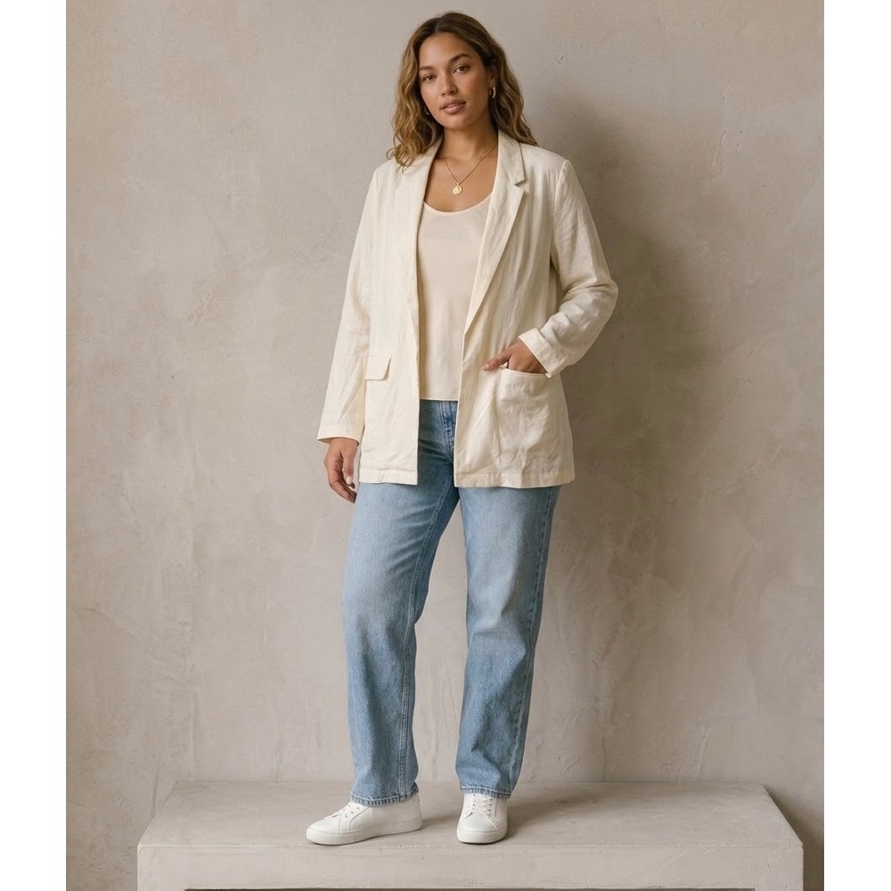 Old Navy Women's Cream Linen Blend Relaxed Open Front Blazer Cardigan New